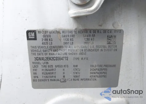 2012 Chevrolet Captiva Sport 2Ls из США, поврежденный, VIN 3GNAL2EK2CS564772